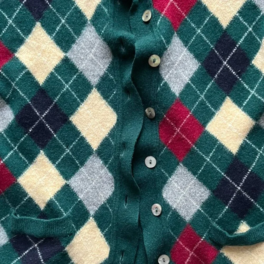 Vintage 80s Lambswool Grandmacore 100% Wool Women L Argyle Button-up Cardigan - Picture 2 of 8